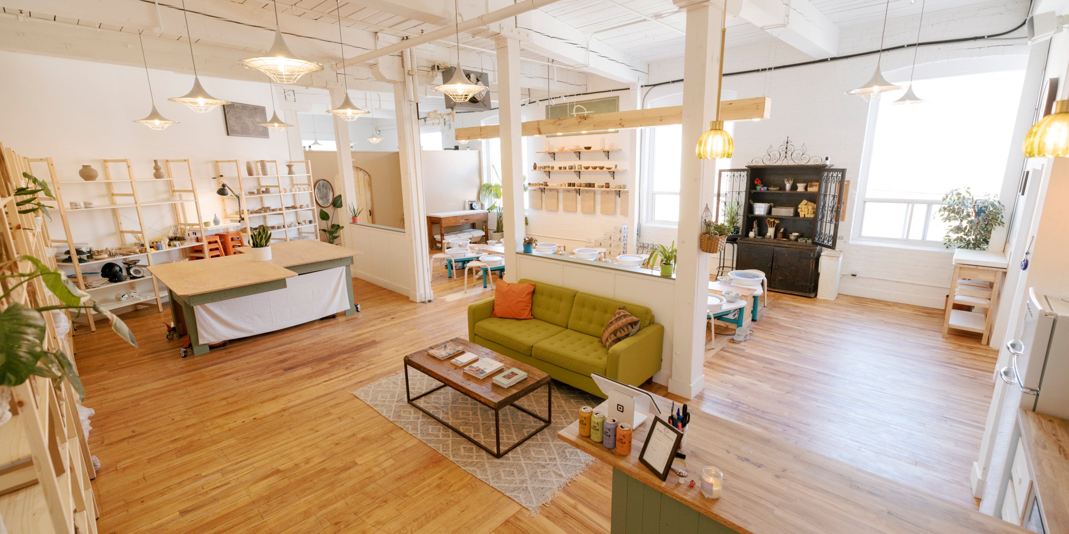 The bright Studio Ceramica studio in Toronto, set up for a private pottery event.