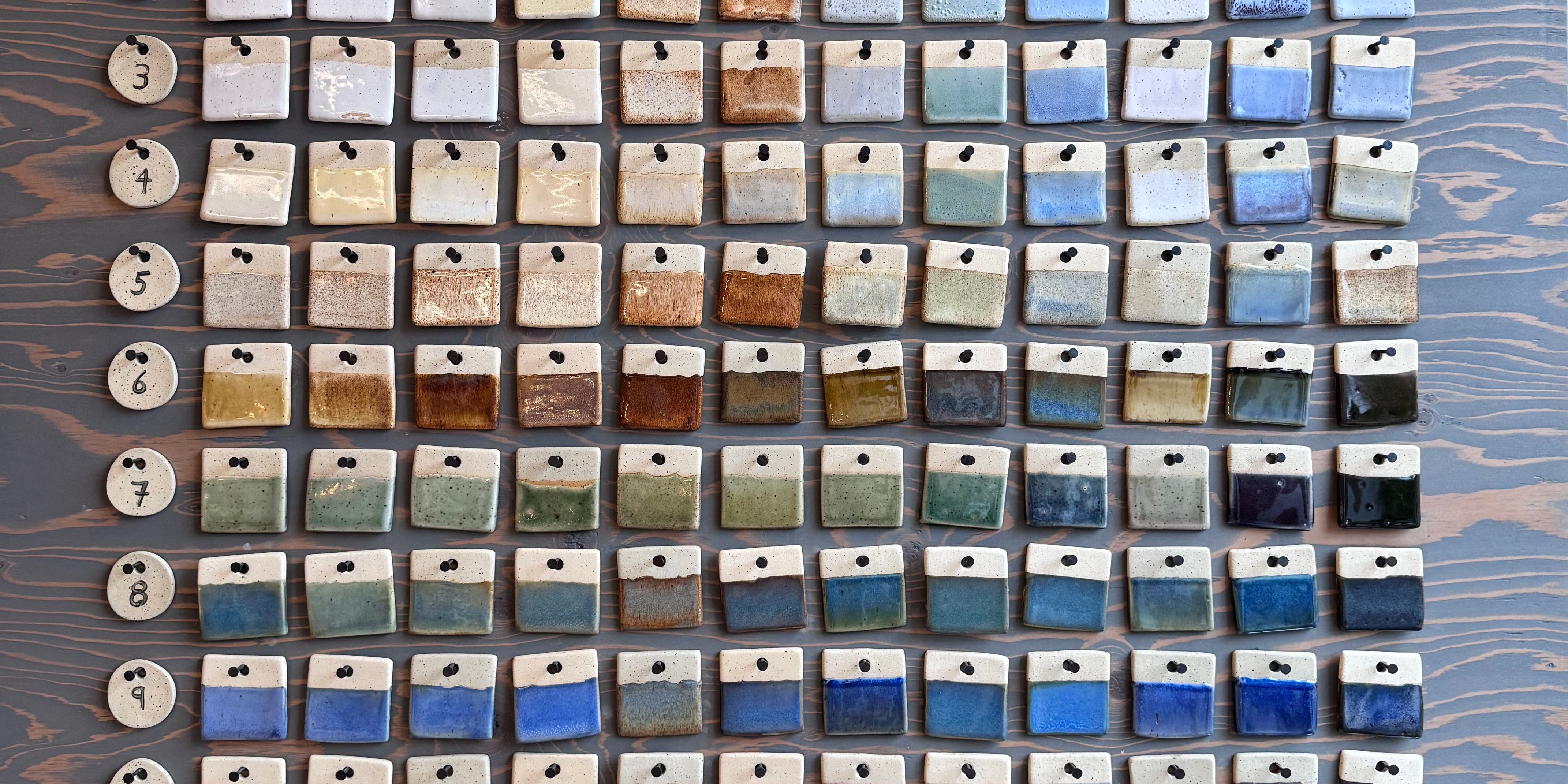 Rows of colourful studio glazes at Studio Ceramica in Toronto, ready for the final week of the 6-Week handbuilding course.