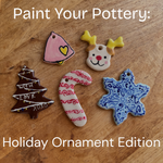 a photo of 5 handprinted ceramic Christmas tree ornaments on a wooden background with text overlay that says "Paint your pottery: holiday ornament edition" 