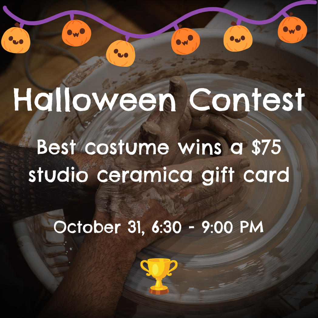 Halloween Contest Best costume wins a $75 gift card text overlay over a photo of hands on a pottery wheel 