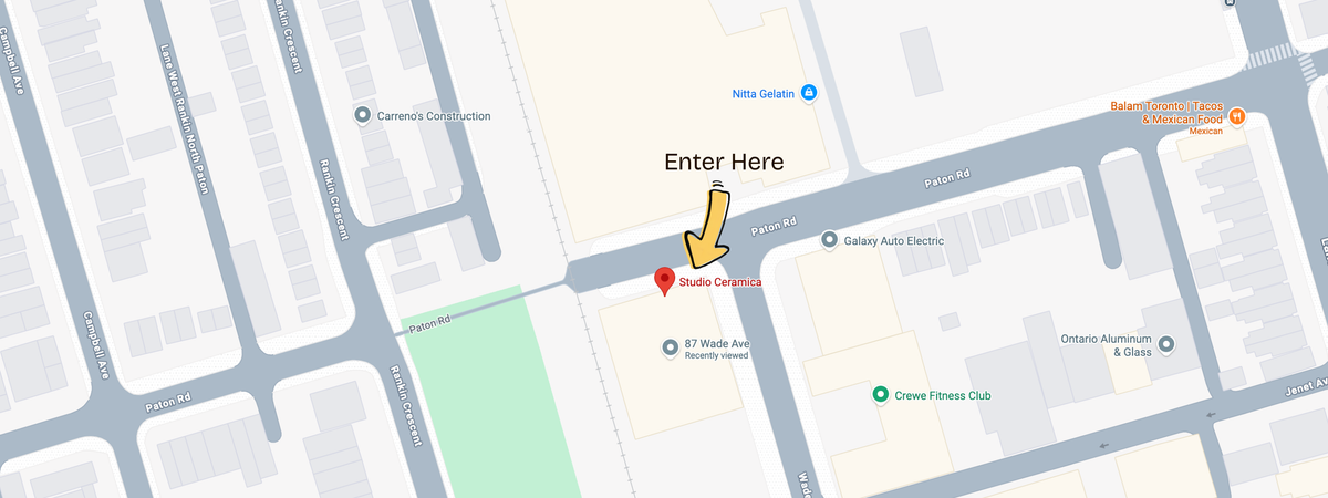 A close-up section of a digital street map indicating the address of the building located at 87 Wade Ave and Studio Ceramica. It also shows the location of nearby businesses Propeller Coffee Co, Crewe Fitness Club, Galaxy Auto, Ontario Aluminium & Glass, Balam Toronto Tacos & Mexican Food.