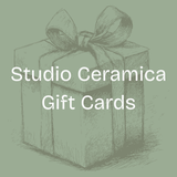 Studio Ceramica Gift Cards in white text over a sage green sketch of a wrapped gift box with a ribbon bow
